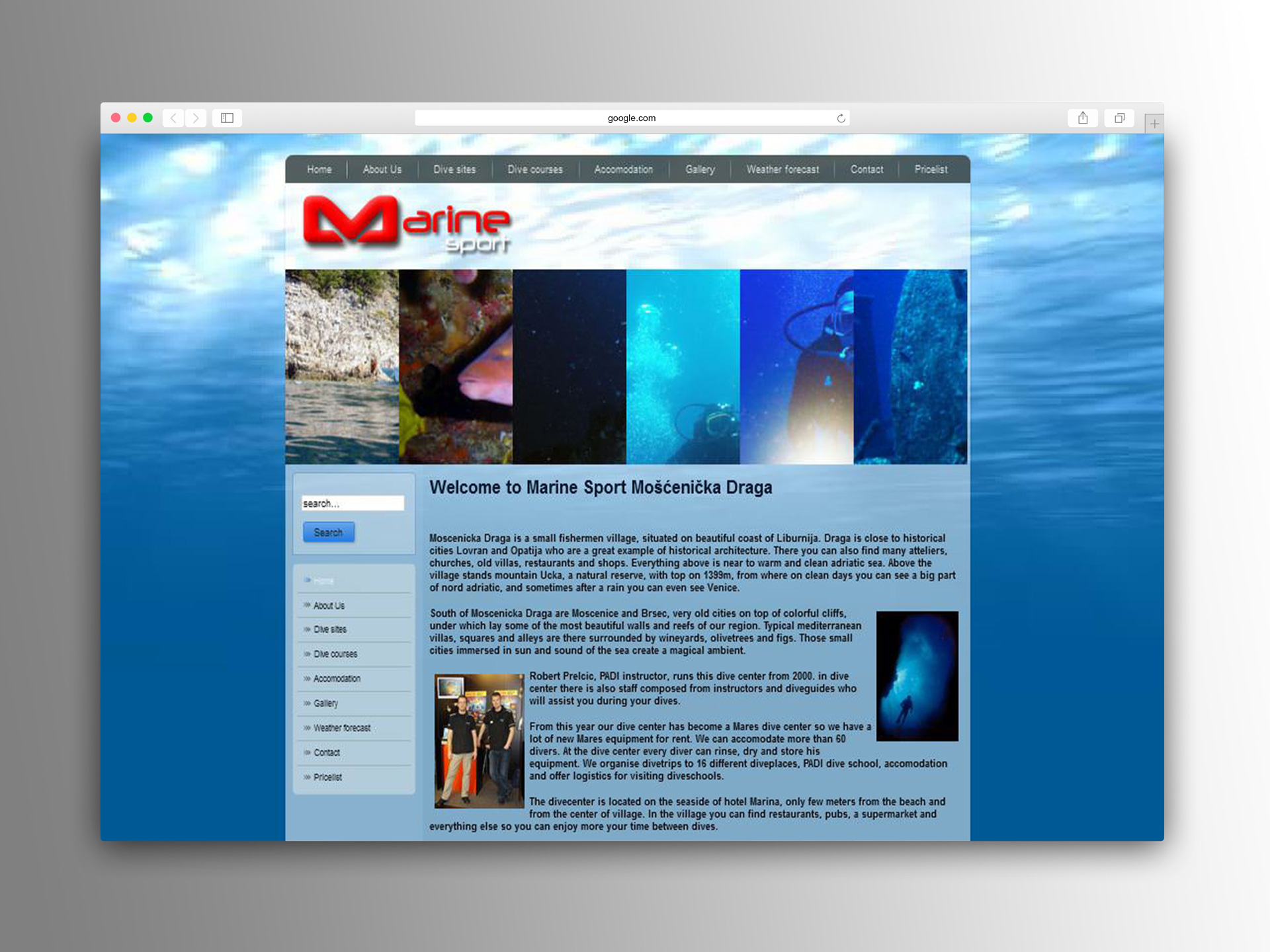 The redesigned English version of the Marine Sport dive center Home page 