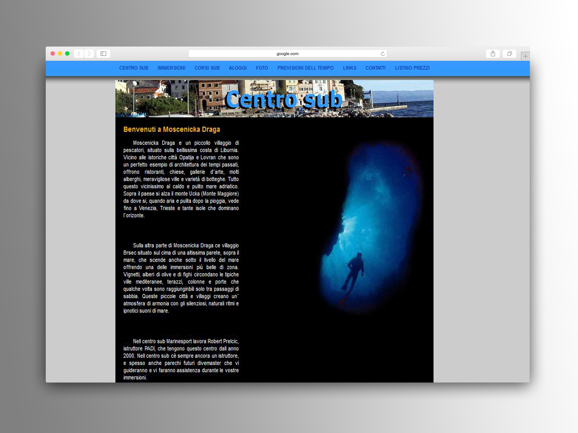 The original italian version of the Marine Sport dive center Home page