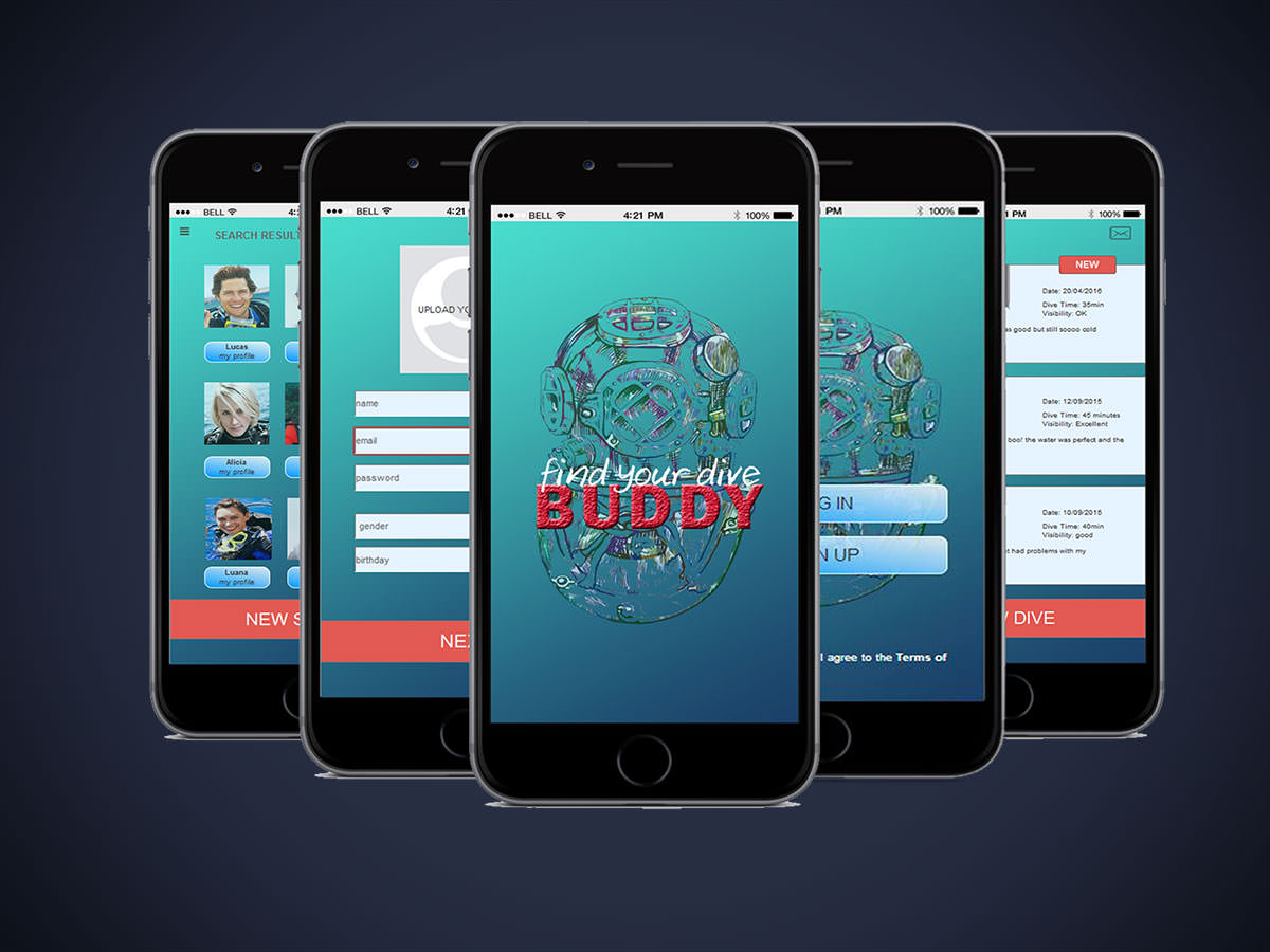 Five mobile phones showing dive buddy app screens