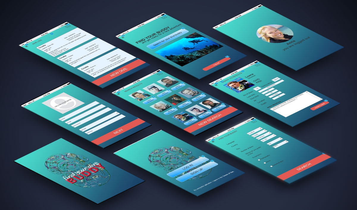 Nine mobile app screens for the app laid out in a grid