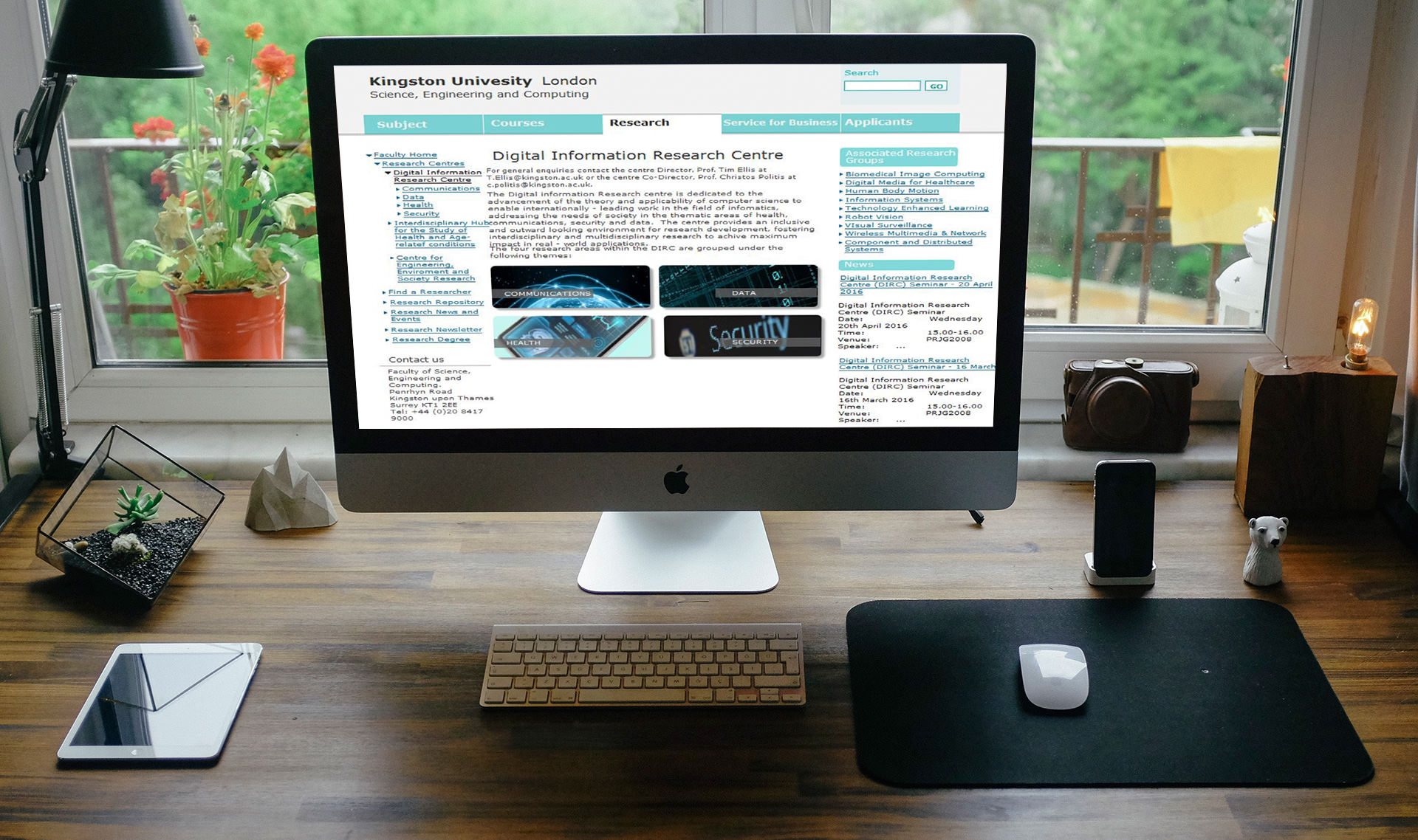 Final Kingston University Digital Information Research Centre website displayed on desktop, showing restructured navigation and clear research areas