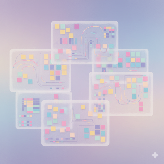 Diagram-style digital artwork showing overlapping transparent squares filled with colorful sticky notes and lines