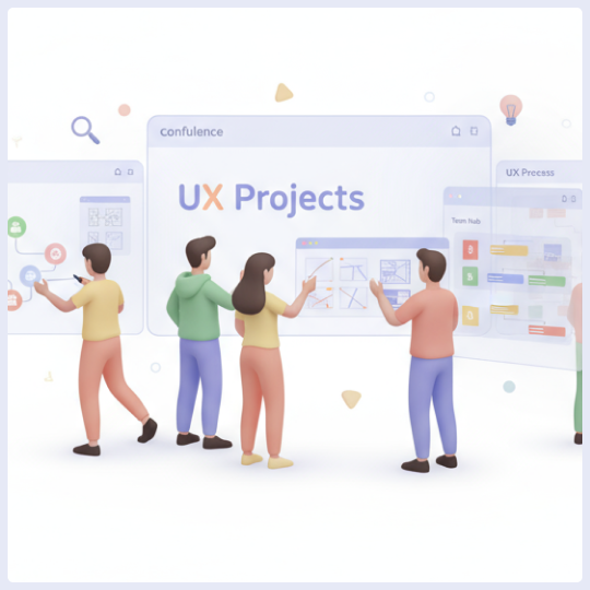 Illustration of four people interacting with large web screens labeled ‘UX Projects’, representing UX infrastructure work